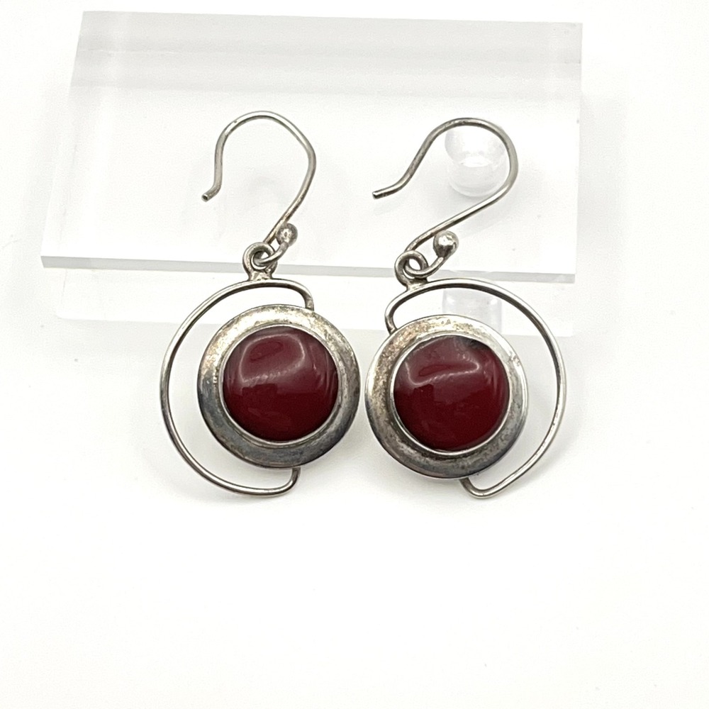 Vintage Sterling Silver Earrings 925 ATI Mexico Red Jasper Orbit Modernist Drop